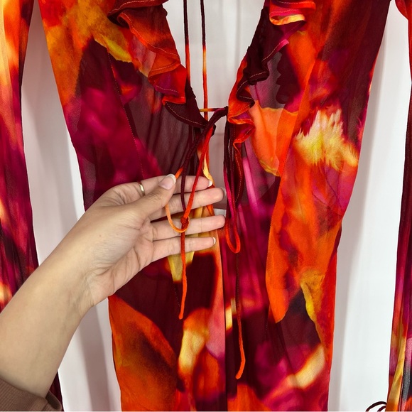 Rat & Boa Dali Red Watercolor Ruffle Tie Front Sheer Low Back Mini Dress XS - Picture 10 of 15